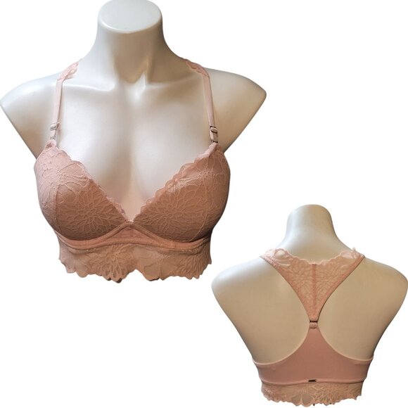 PINK Victoria's Secret Medium Womens Push-Up Bralette Peach Lace Trim Racerback - Picture 1 of 7